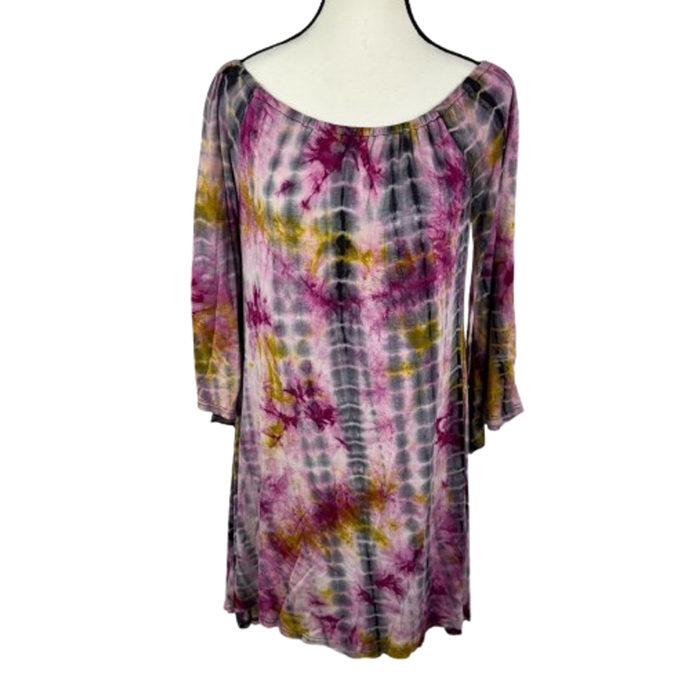 Urban Mango Mini Shift Dress Medium Pink Tie Dye Off Shoulder Bell Sleeve Boho
